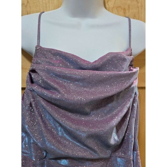 Shimmering Purple Glitter Spaghetti Strap Romper With Draped Front & Adjustable - Picture 3 of 10